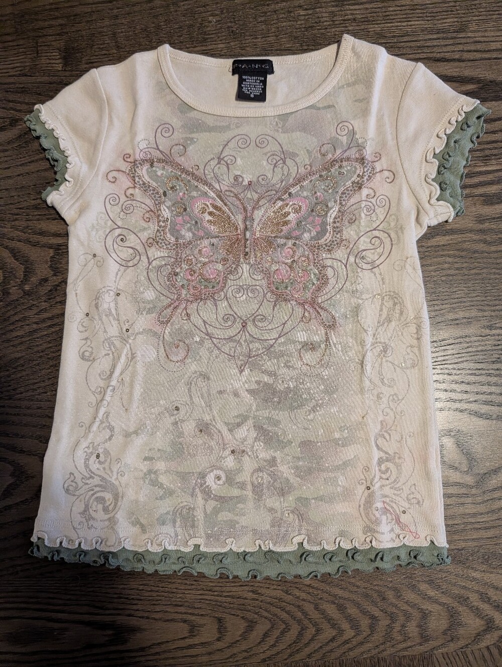 F A N G Cream Short Sleeve Butterfly Tee with Green Trim Sparkles And Sequins